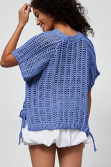 Black Plus Size Open Knit Bow Tie Short Sleeve Sweater