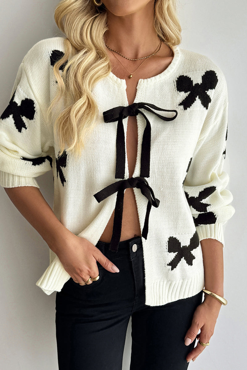 White Lace-Up Front Bow Pattern Round Neck Knit Cardigan