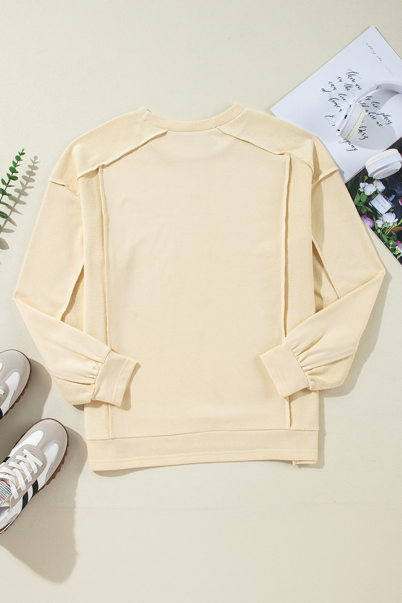 Beige Plain Exposed Seam Round Neck Pullover Sweatshirt