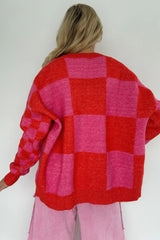 Fiery Red Colorblock Plaid Button Knit Cardigan