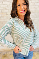Green Stripe Quarter Zip Collar Long Sleeve Top