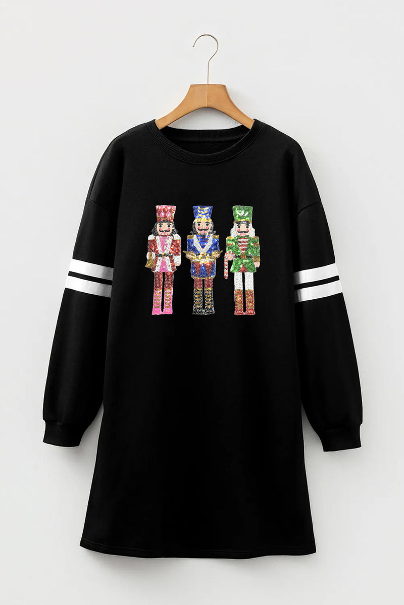 Black Christmas Nutcracker Sequins Patch Varsity Striped Sleeve Sweatshirt Dress