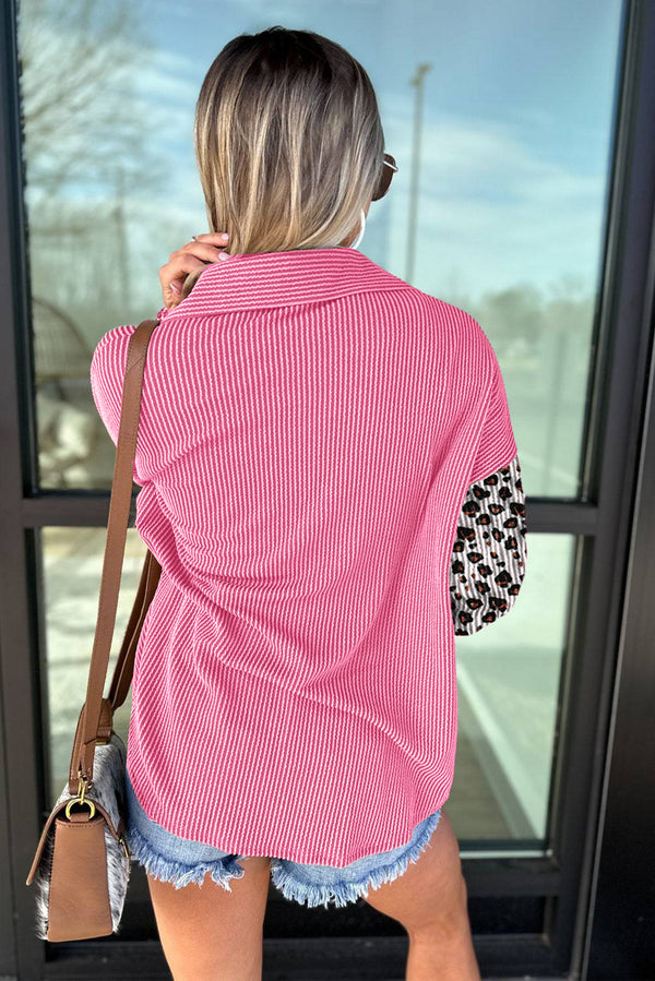 Rose Red Leopard Patchwork Twisted Ribbed Casual Shacket