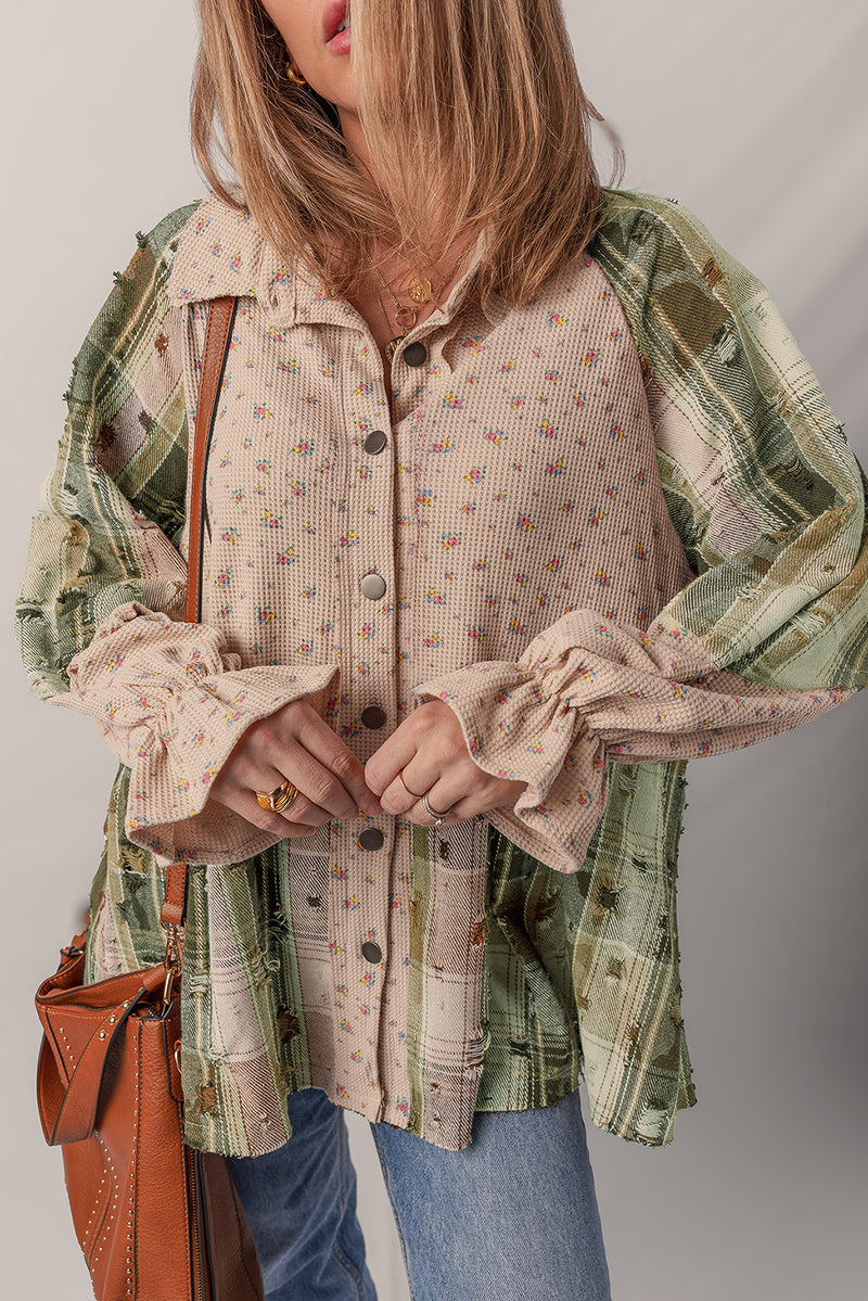 Mist Green Boho Floral Plaid Patchwork Waffle Knit Distressed Jacket