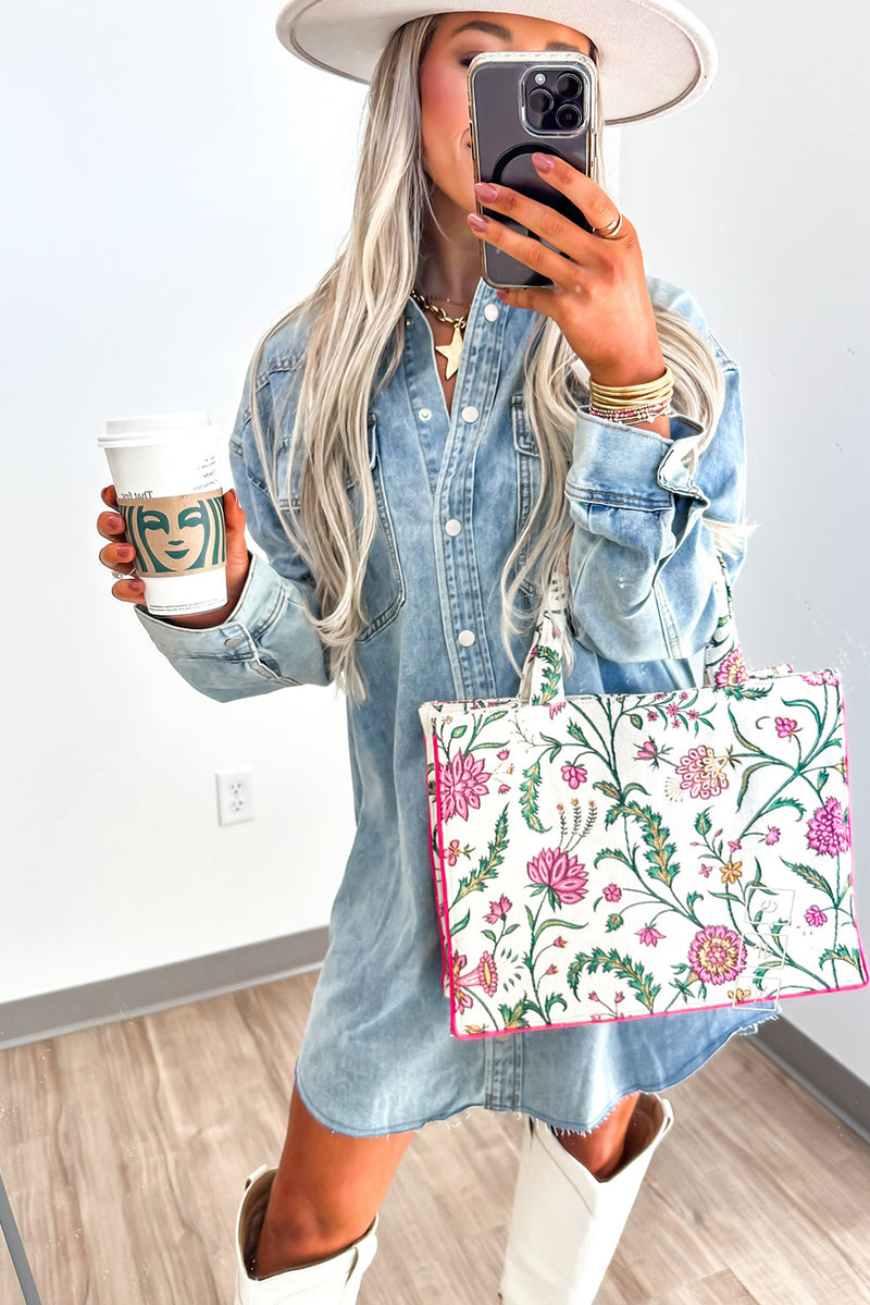 Beau Blue Chest Pocket Raw Hem Denim Loose Shirt Dress