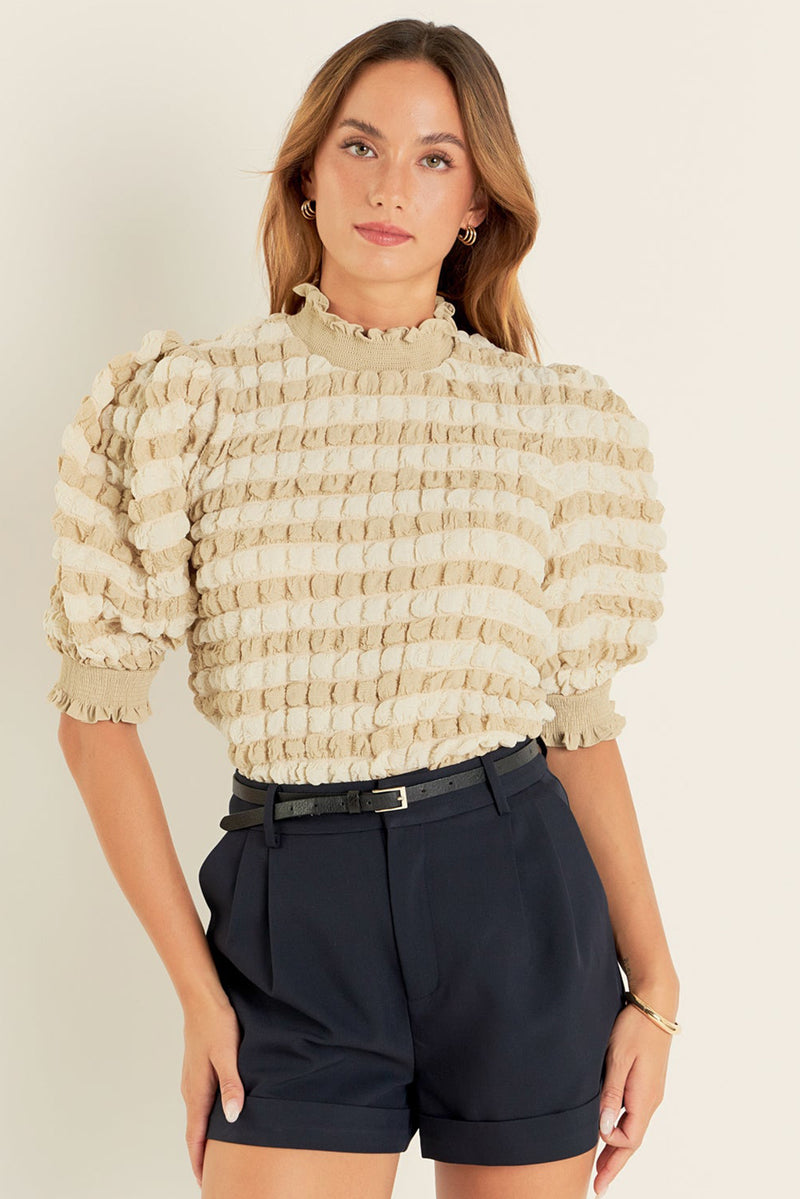 Beige Textured Frill Trim Smocked Puff Sleeve T Shirt