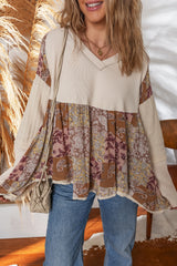 Beige Paisley Ethnic Print Waffle Patchwork Long Sleeve Loose Top