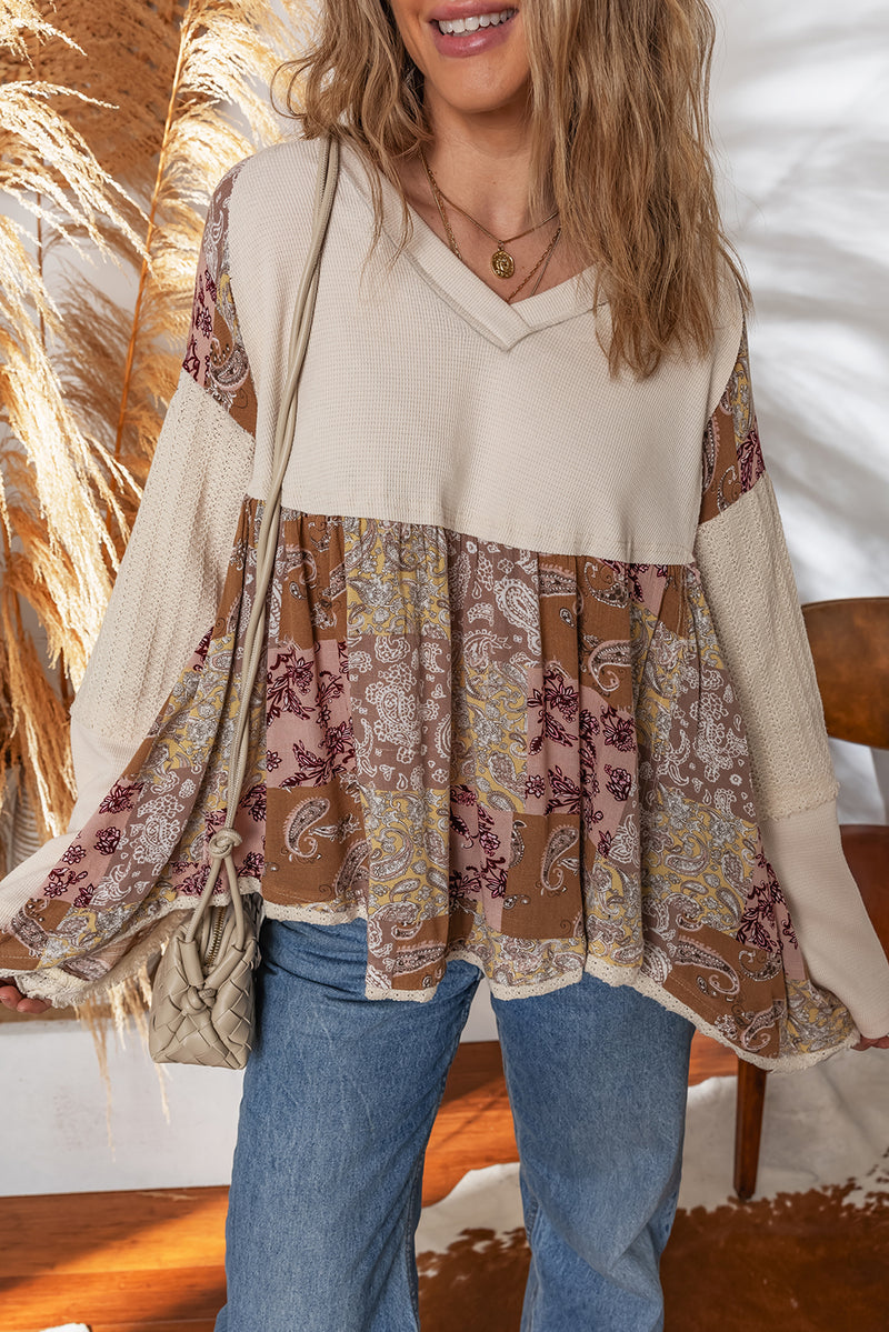 Beige Paisley Ethnic Print Waffle Patchwork Long Sleeve Loose Top