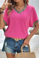 Bright Pink Leopard Patchwork Corded Texture V Neck T Shirt