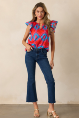 Red Abstract Print V Neck Ruffle Shoulder Blouse