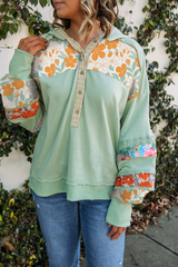 Clearly Aqua Lace Floral Patchwork Hooded Henley Top