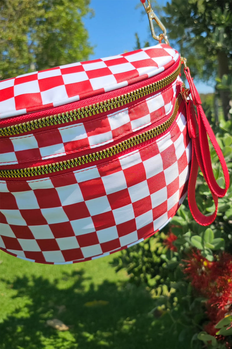 Fiery Red Checkered Print Wide Strap Large Crossbody Bag