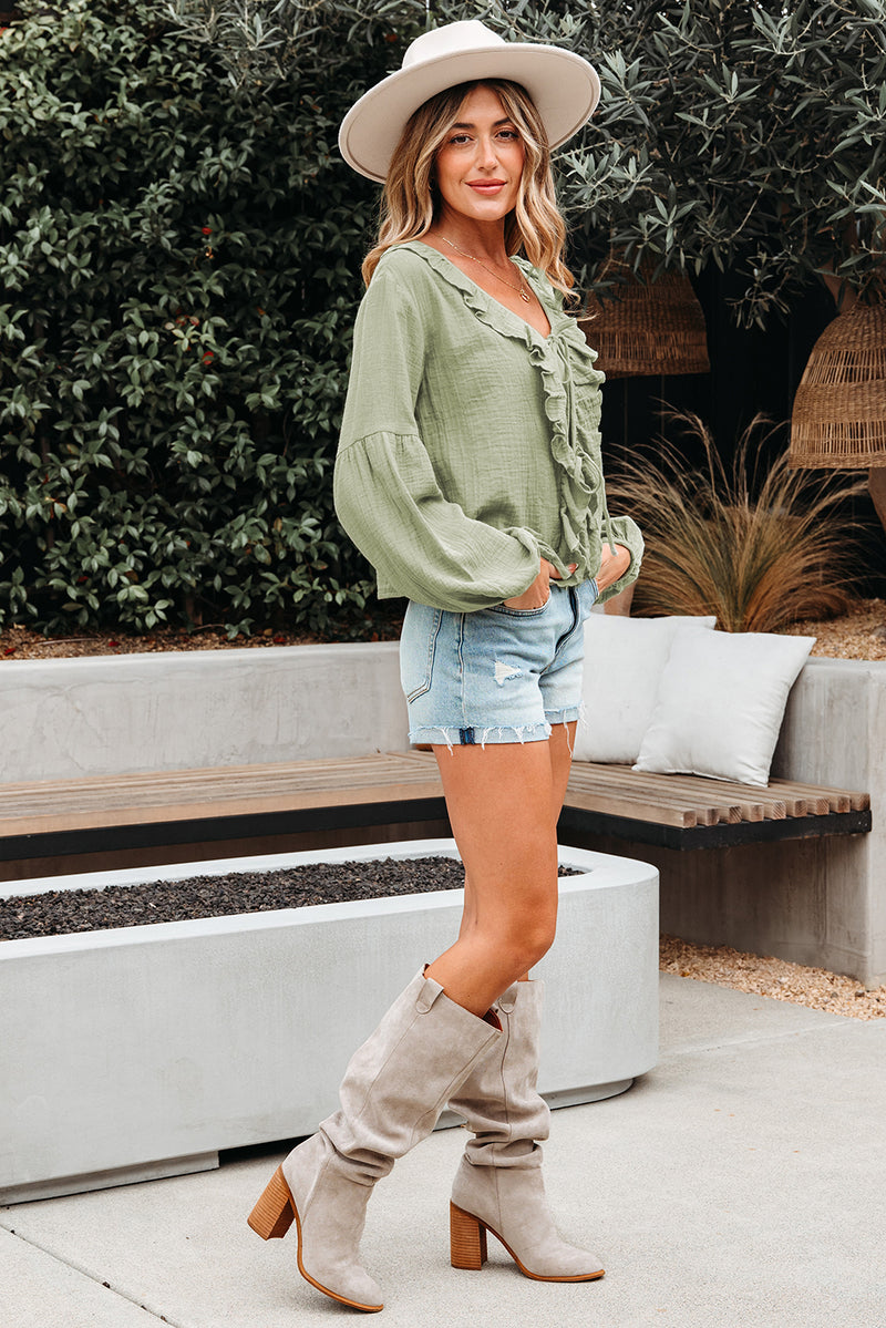 Meadow Mist Green Bow Tie Front Ruffle Trim V Neck Long Sleeve Blouse