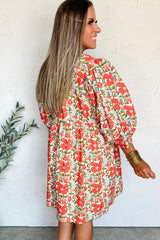 Red Floral Print Ricrac Trim V Neck 3/4 Sleeve Loose Mini Dress
