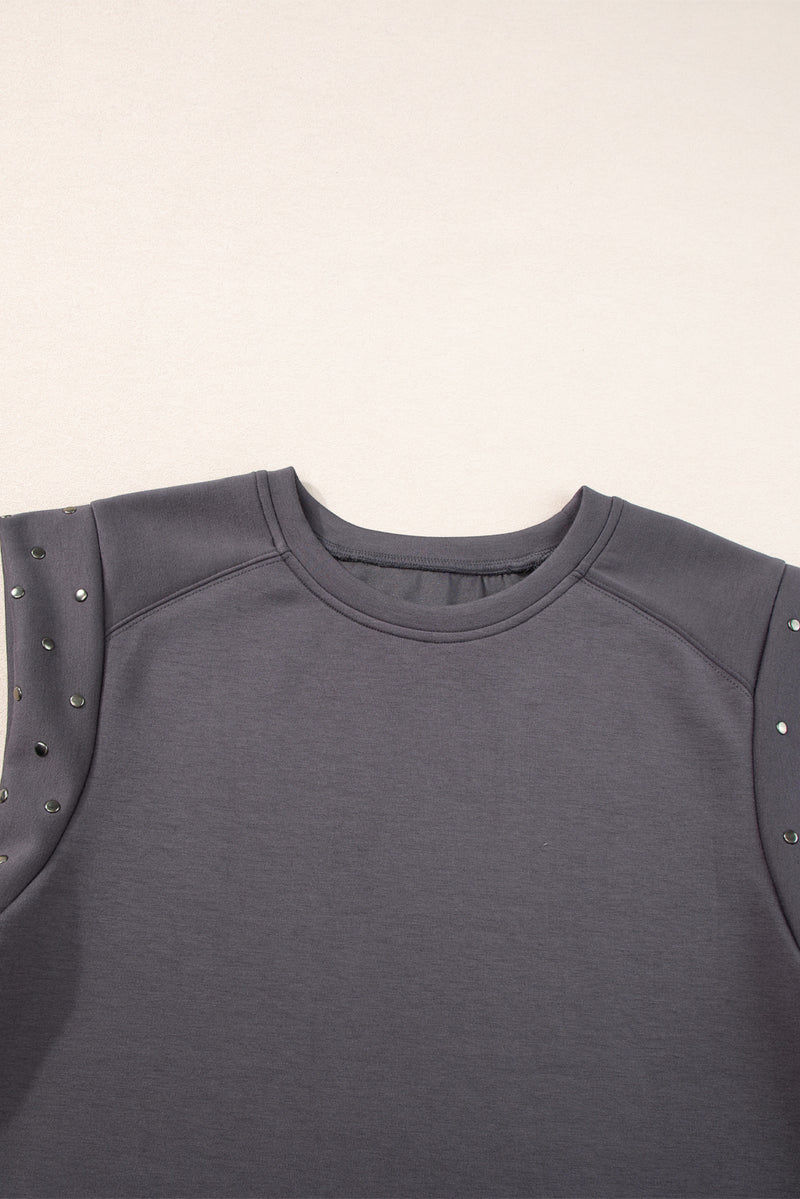 Black Casual Rivet Round Neck T Shirt