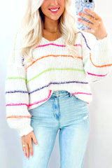 White Striped V Neck Drop Sleeve Sweater