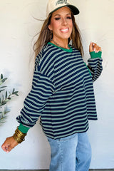 Green Stripe Ribbed Color Block Patchwork Crew Neck Patch Pocket Long Sleeve Top