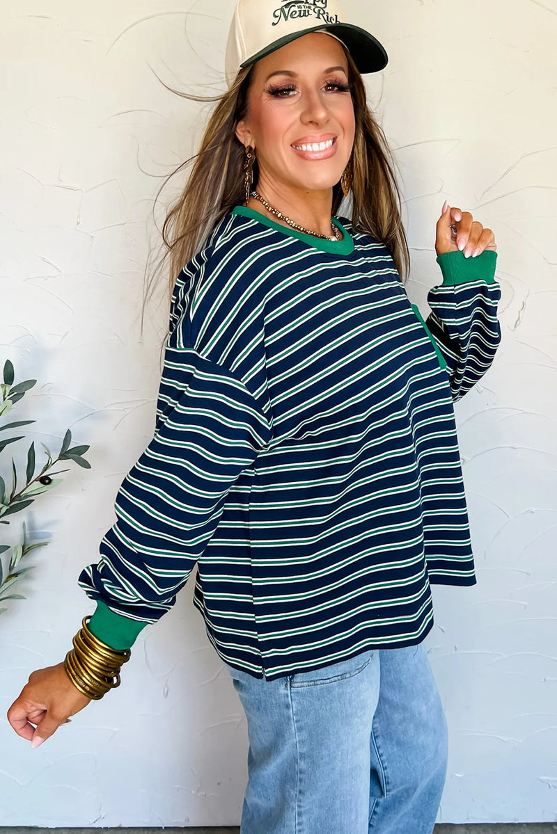 Green Stripe Ribbed Color Block Patchwork Crew Neck Patch Pocket Long Sleeve Top