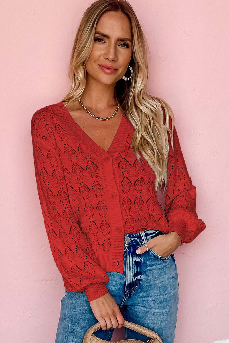 Fiery Red Lightweight Buttoned Front Crochet Cardigan