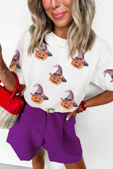 White Sequin Pumpkin Witch Halloween Graphic Tee