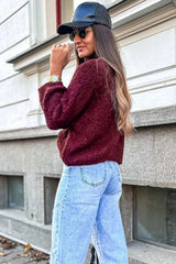 Burgundy Popcorn Mock Neck Solid Sweater