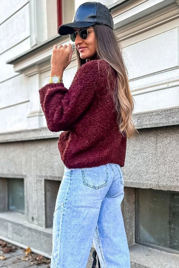 Burgundy Popcorn Mock Neck Solid Sweater