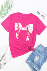 Rose Red Casual Baseball Bowknot Graphic Tee