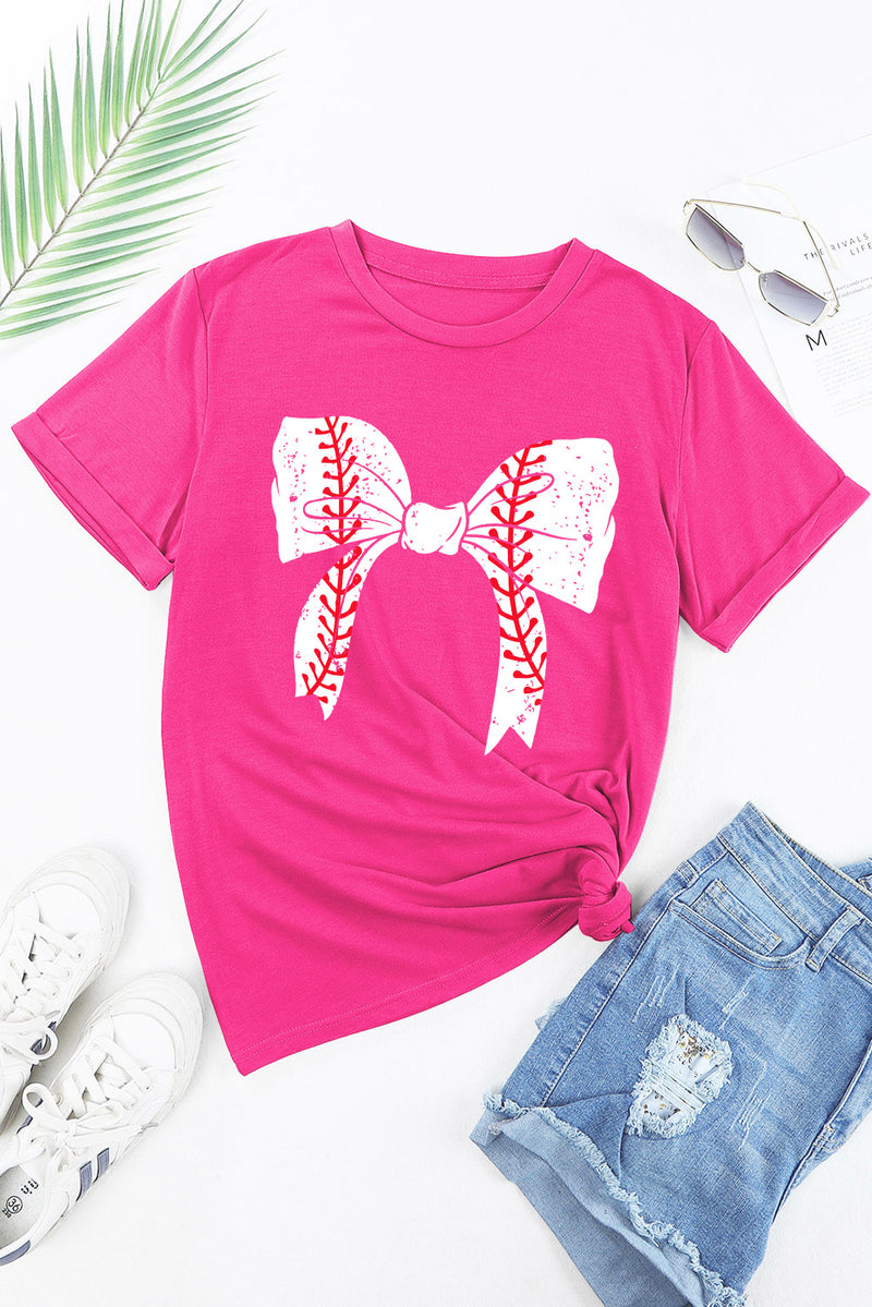Rose Red Casual Baseball Bowknot Graphic Tee