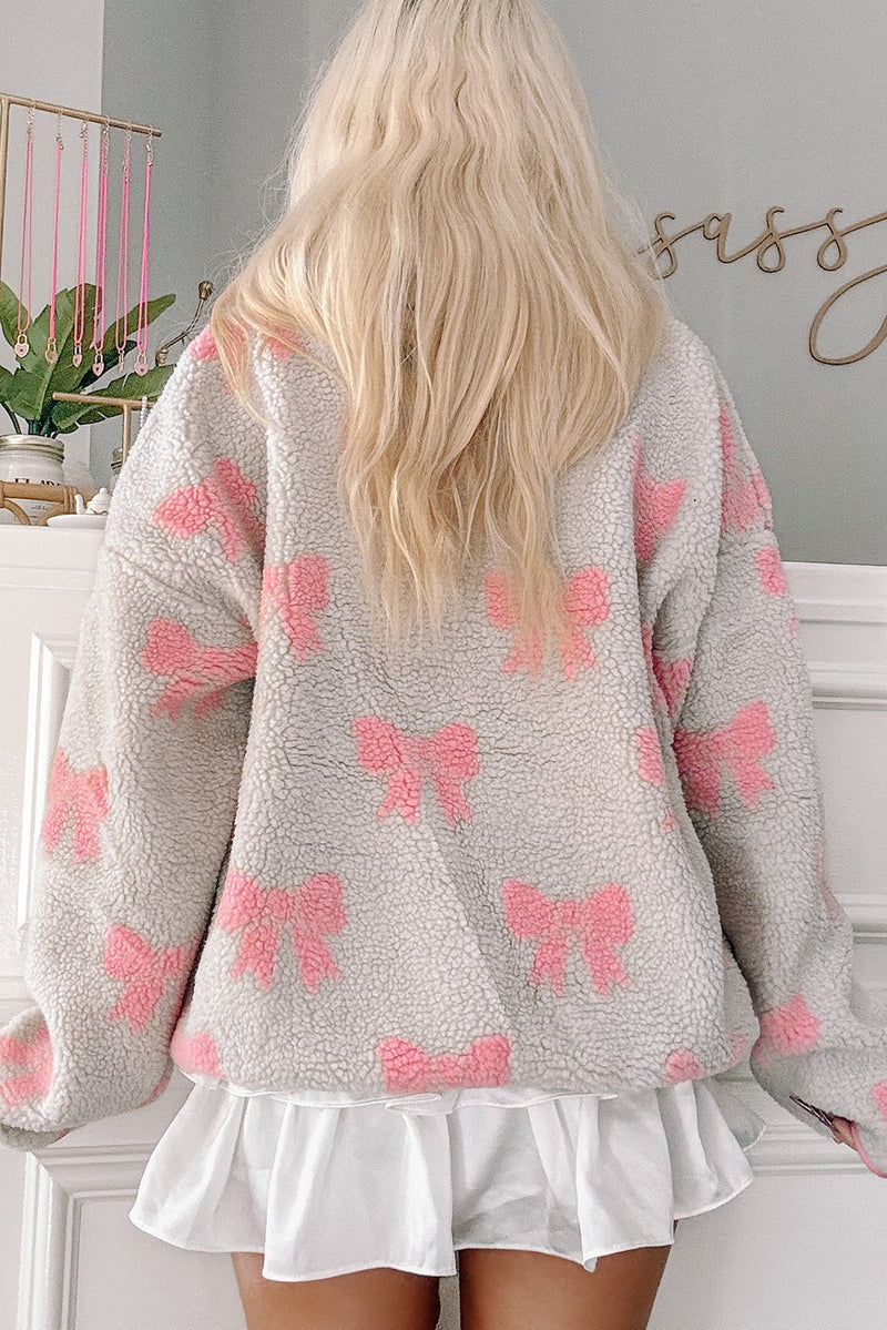 Gray Quarter Zip Bow Pattern Sherpa Baggy Sweatshirt