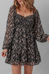 Black Floral Long Sleeve Frilly Shirred Square Neck Mini Dress