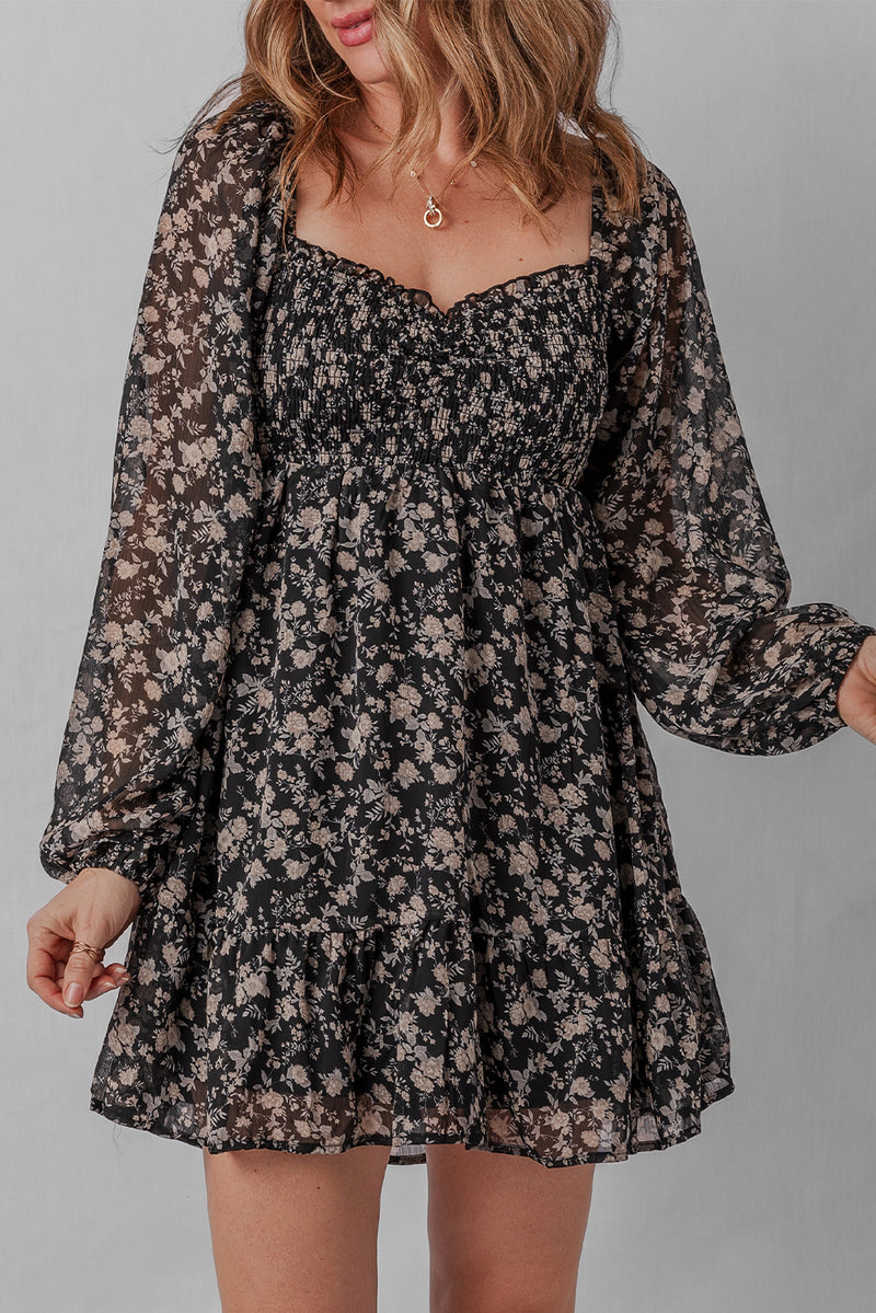 Black Floral Long Sleeve Frilly Shirred Square Neck Mini Dress