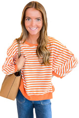 Red Striped Exposed Seam Drop Shoulder Long Sleeve Top
