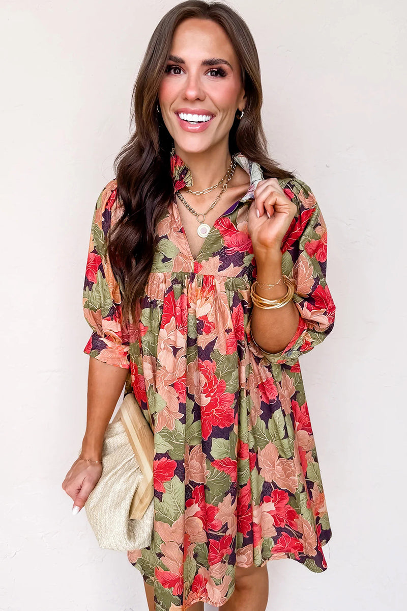 Green Floral Print Frilled V Neck Half Sleeve Mini Dress