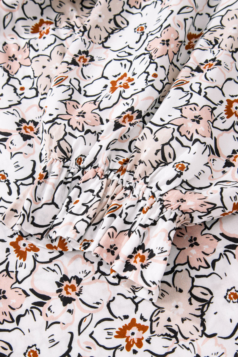 Khaki Bold Floral Print Frilled Puff Sleeve Button Down Shirt