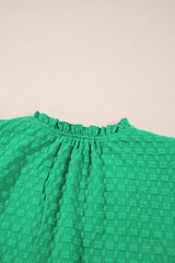 Bright Green Textured Puff Short Sleeve Notched V Neck Top