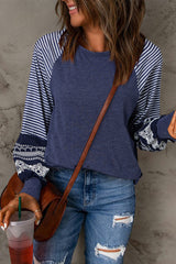 Tillandsia Purple Contrast Print Striped Raglan Long Sleeve Loose Top