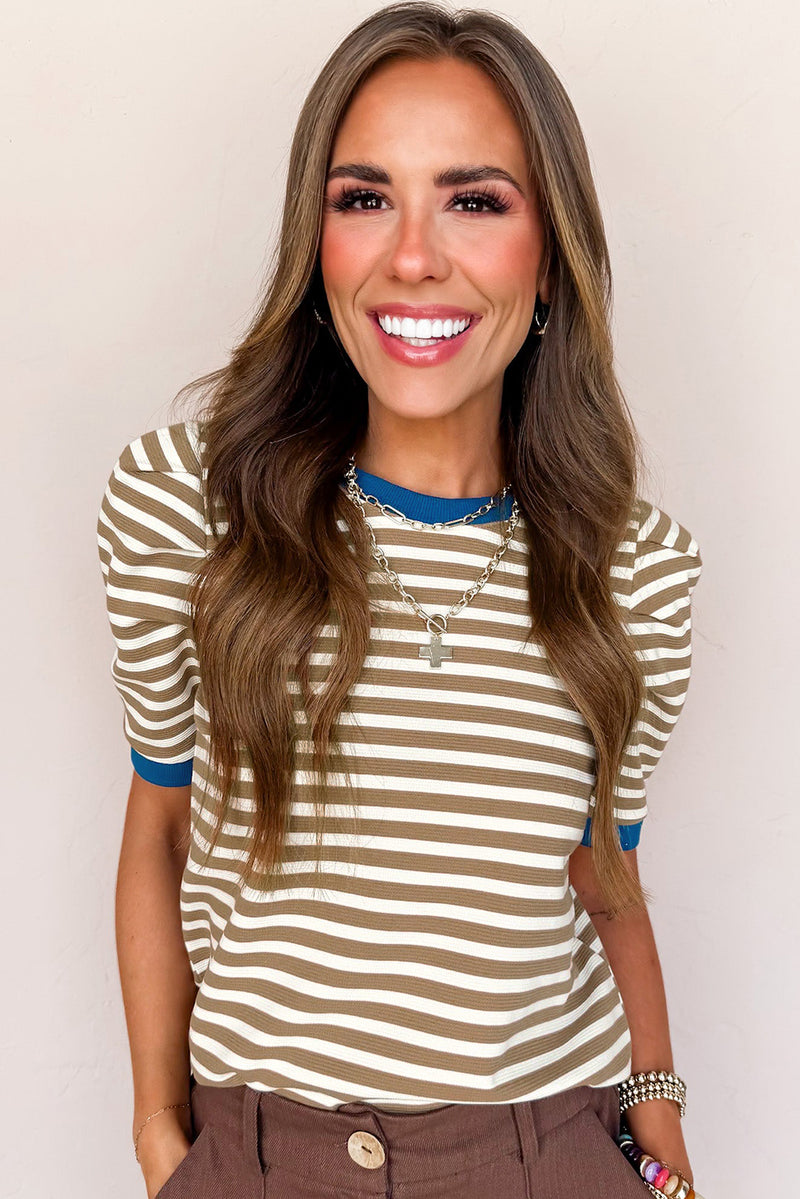 Brown Stripe Short Puff Sleeve Contrast Trim Round Neck Tee