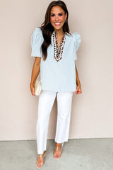 Sky Blue Stripe Ricrac Trim Short Puff Sleeve Leopard Patchwork Collar V Neck Blouse