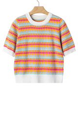 Rose Red Abstract Striped Knit Short Sleeve Sweater