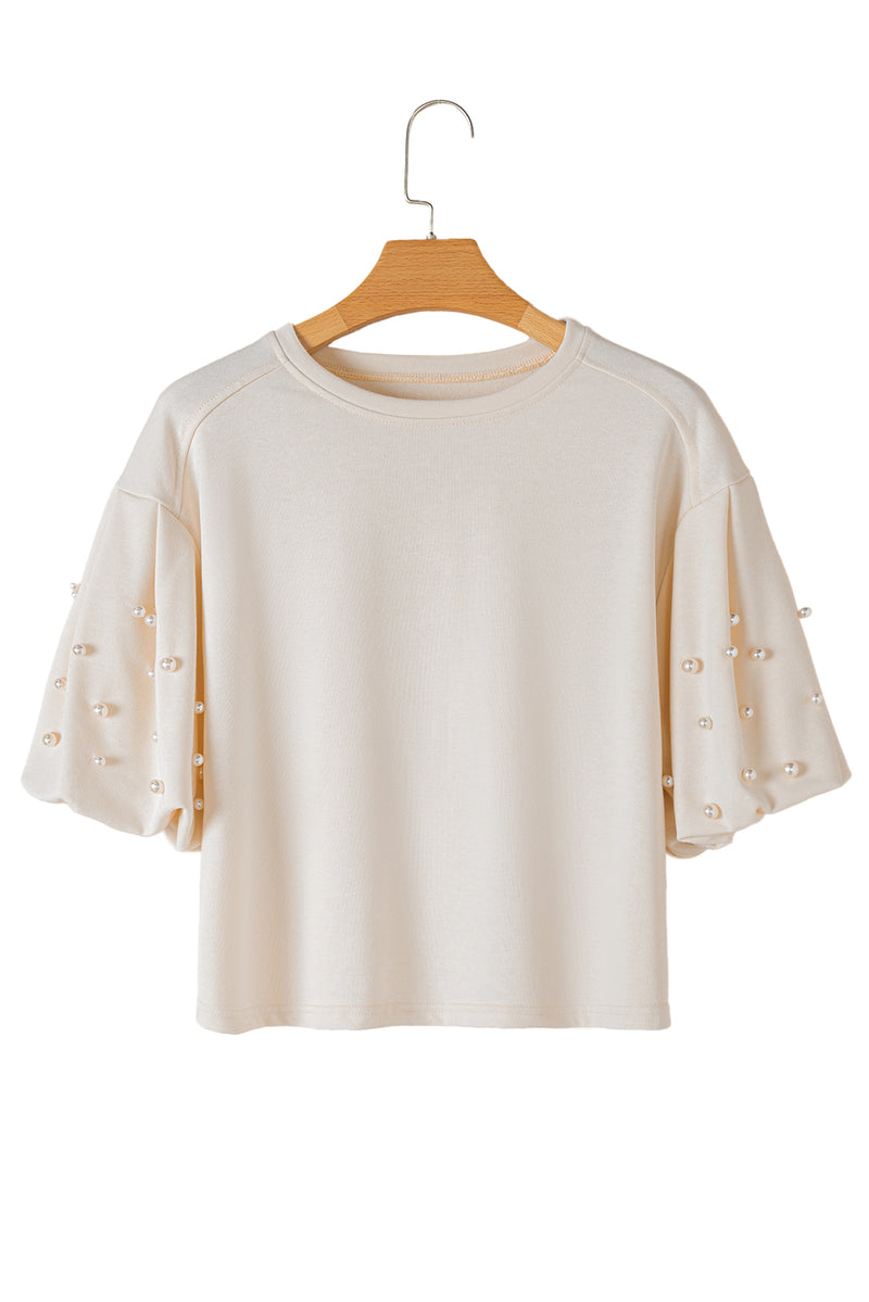 White Pearled Puff Sleeve Round Neck Loose Top