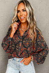 Black Floral Print Collared Button Up Puff Sleeve Shirt