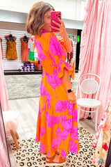 Orange Floral Print Frill Smocked V Neck 3/4 Sleeve Maxi Dress