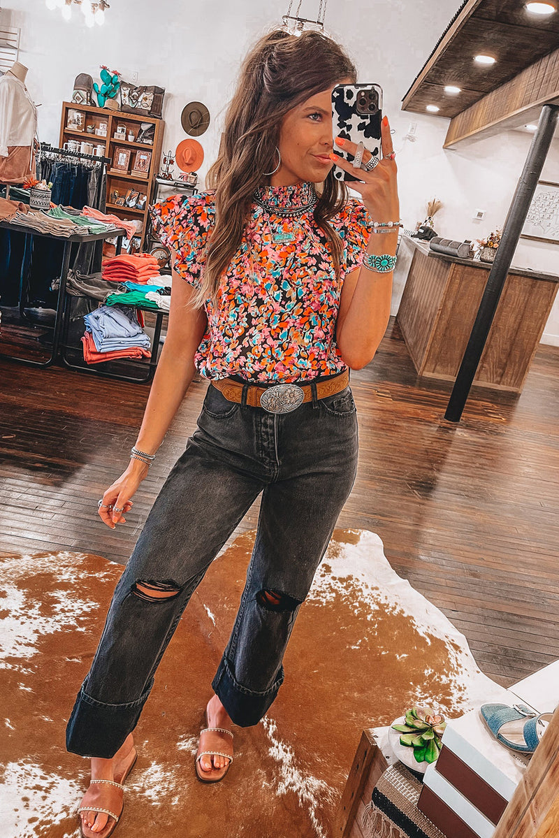 Orange Floral Print Smocked Neck Flutter Shoulder Blouse