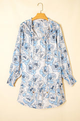 Sky Blue Floral Print Tie Neck Long Sleeve Flowy Mini Dress