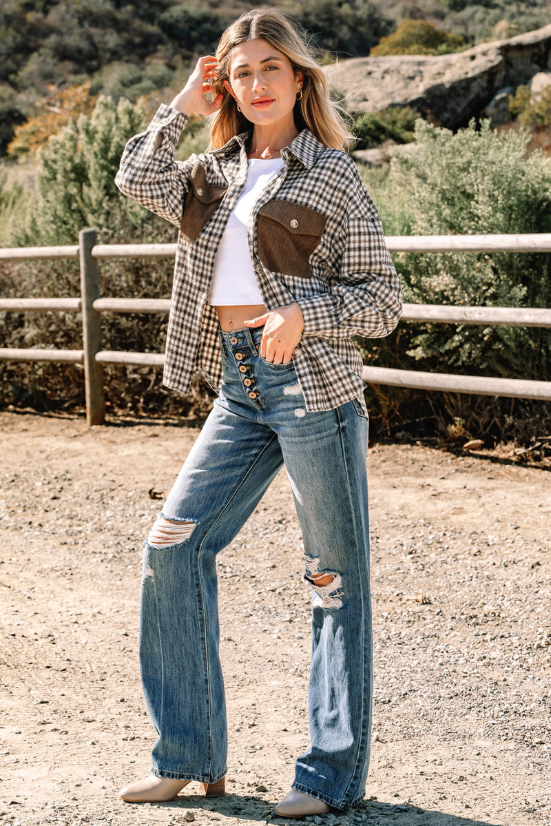 Green Contrast Corduroy Flap Pocket Patchwork Plaid Shacket