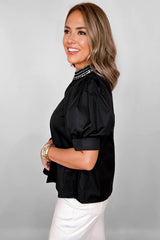 Black Short Puff Sleeve Contrast Embroidered Detail V Neck Blouse