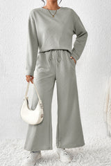 Dark Khaki Textured Loose Slouchy Long Sleeve Top and Pants Set