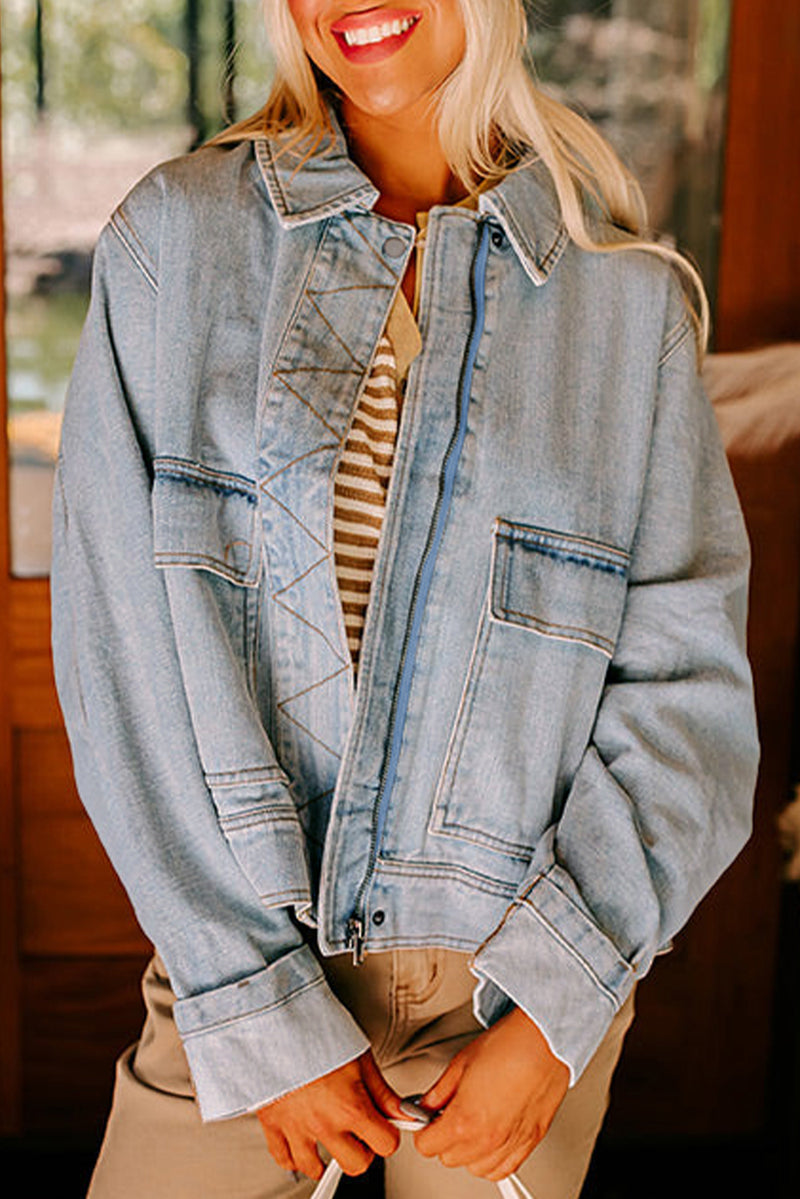 Beau Blue Street Style Zip Up Washed Denim Jacket