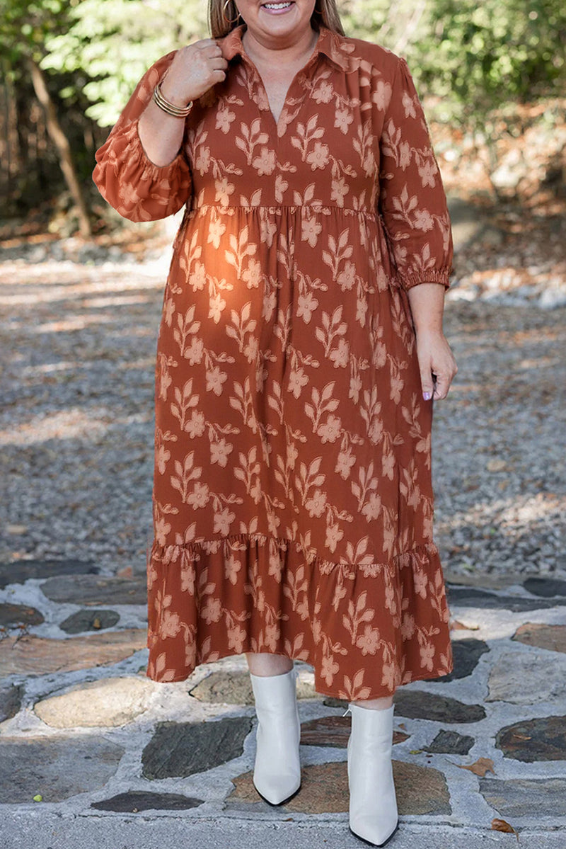 Cinnamon Plus Size Textured 3D Flower Pattern Ruffle Hem Dress