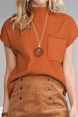 Dark Blue Patch Pocket Ribbed Knit Short Sleeve Sweater